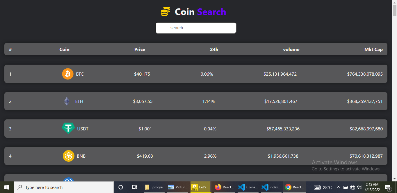 Screenshot of web app